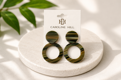 Bentlee Circle Drop Earrings in green with round circle drop design on Caroline Hill display card