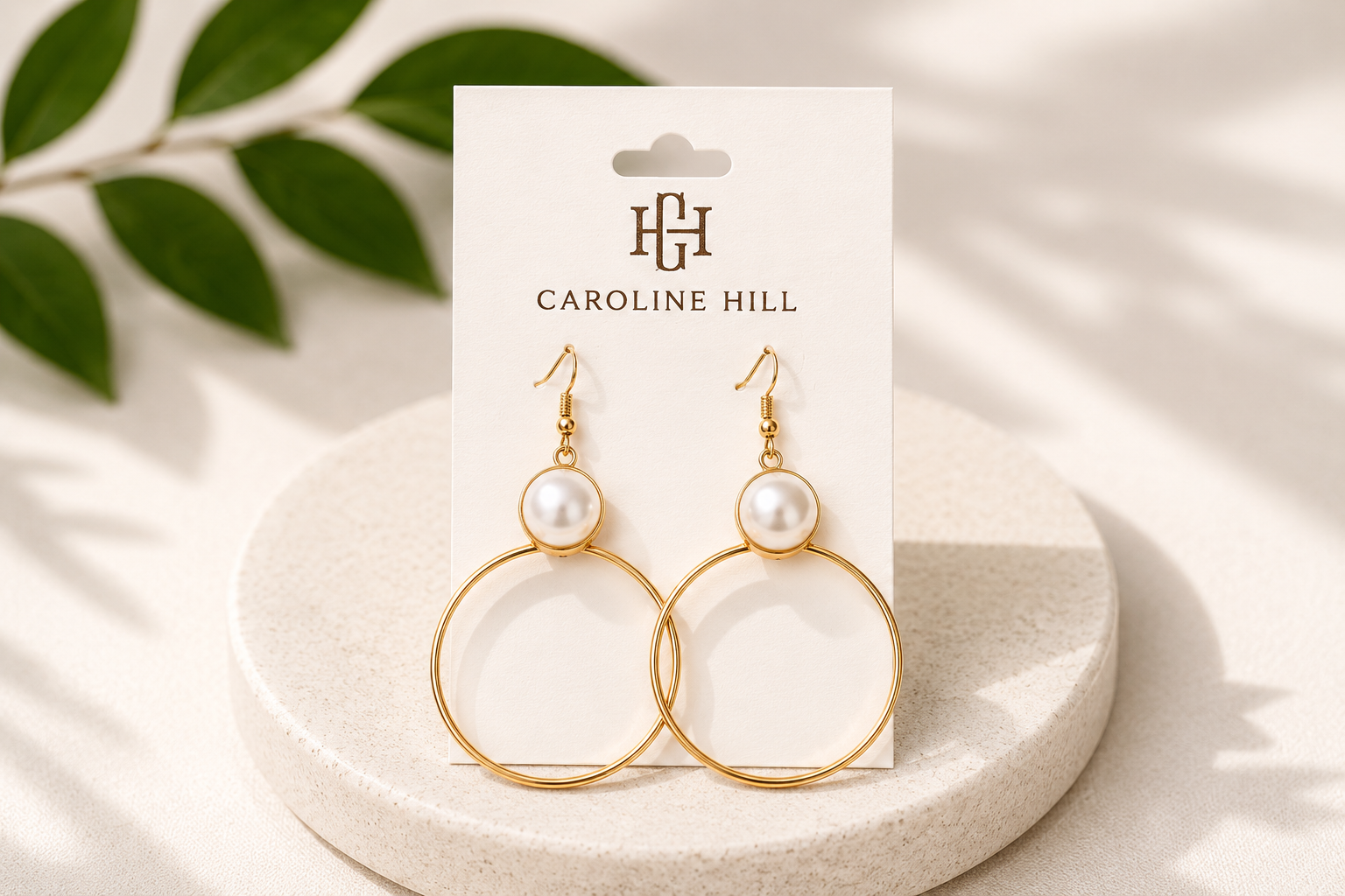 Clementine Circle Pearl Dangle Gold Earrings on Caroline Hill display card