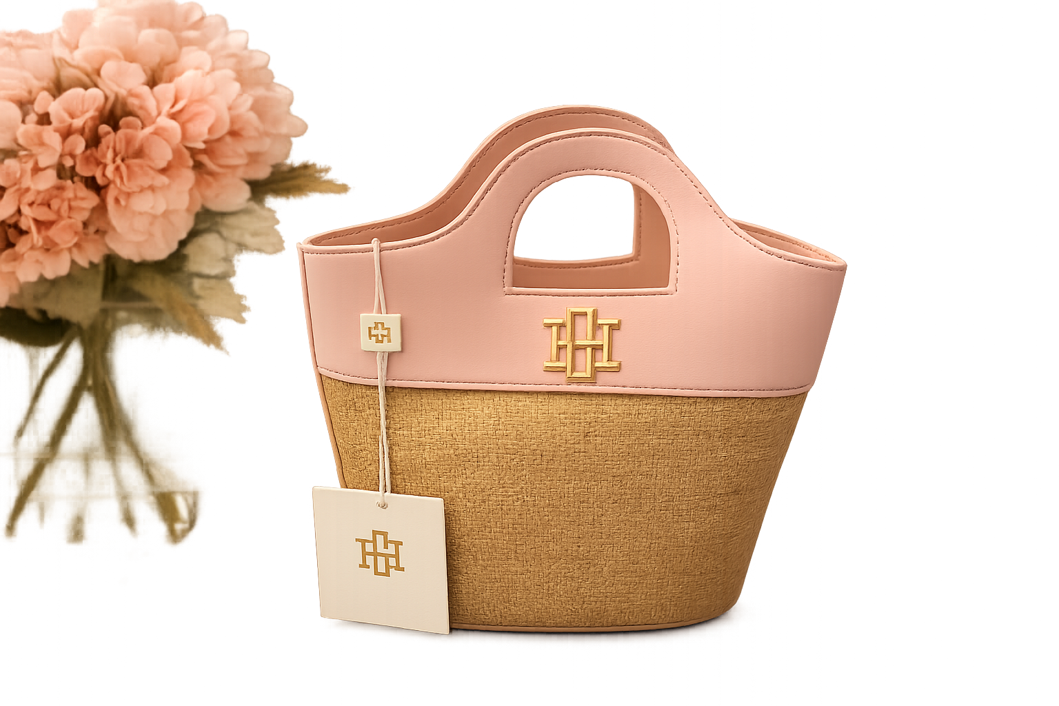 Emma Mini Tote in Natural Blush with woven body and blush trim