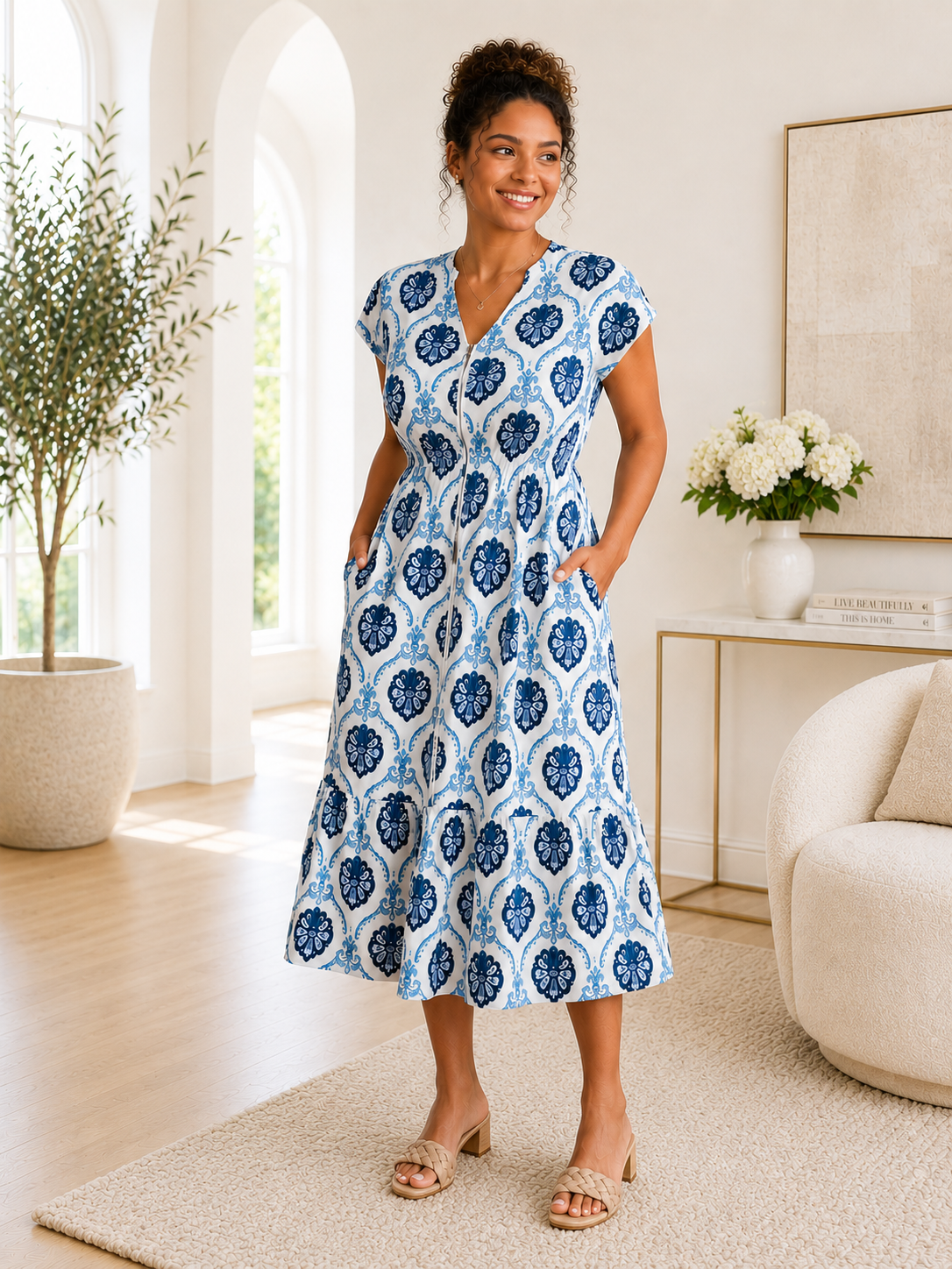Blue Medallion Front-Zip Midi Dress
