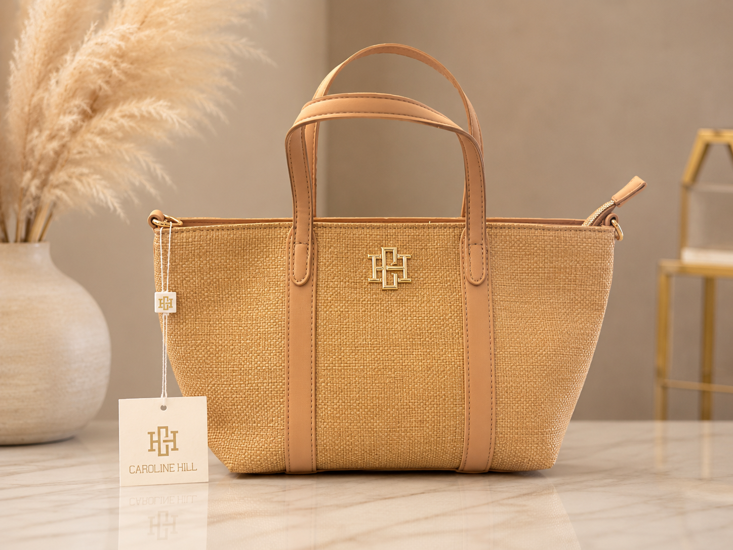 Georgie Mini Tote in Natural with woven body and tan trim