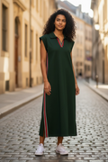 Jodifl hunter green sleeveless pocket dress with striped trim