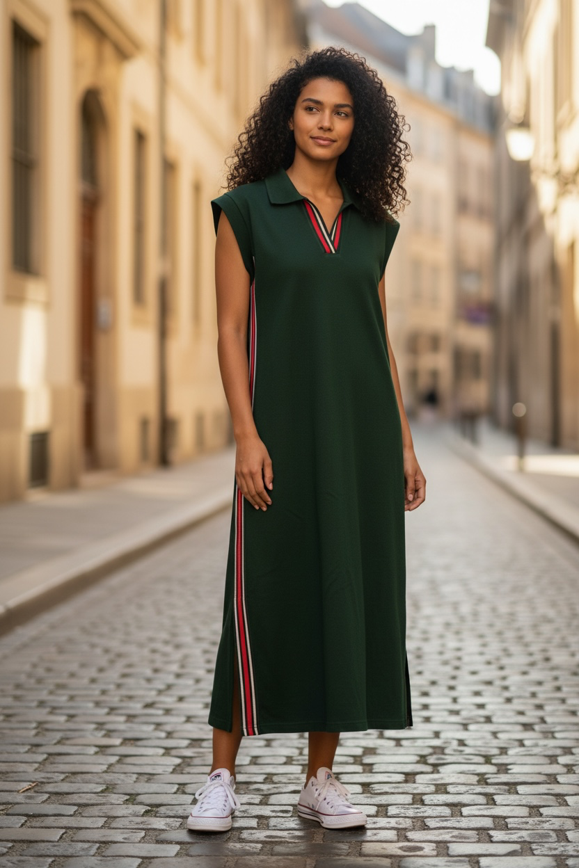 Jodifl hunter green sleeveless pocket dress with striped trim